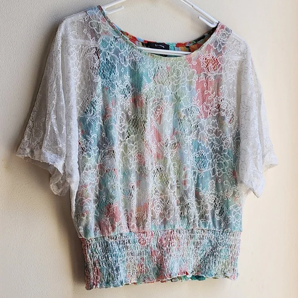 Bwear White Lace Ruched Blouse Size Medium - Picture 4 of 16